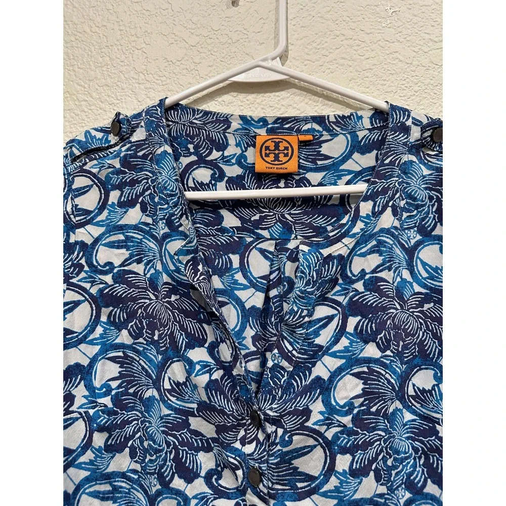 Tory Burch Blue Floral Silk Blend‎ Roll Tab Sleeve Tunic Top Blouse Size 8